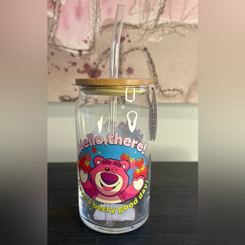 16oz glass cup featuring Lotso, the bear from Disney's Toy Story NWT